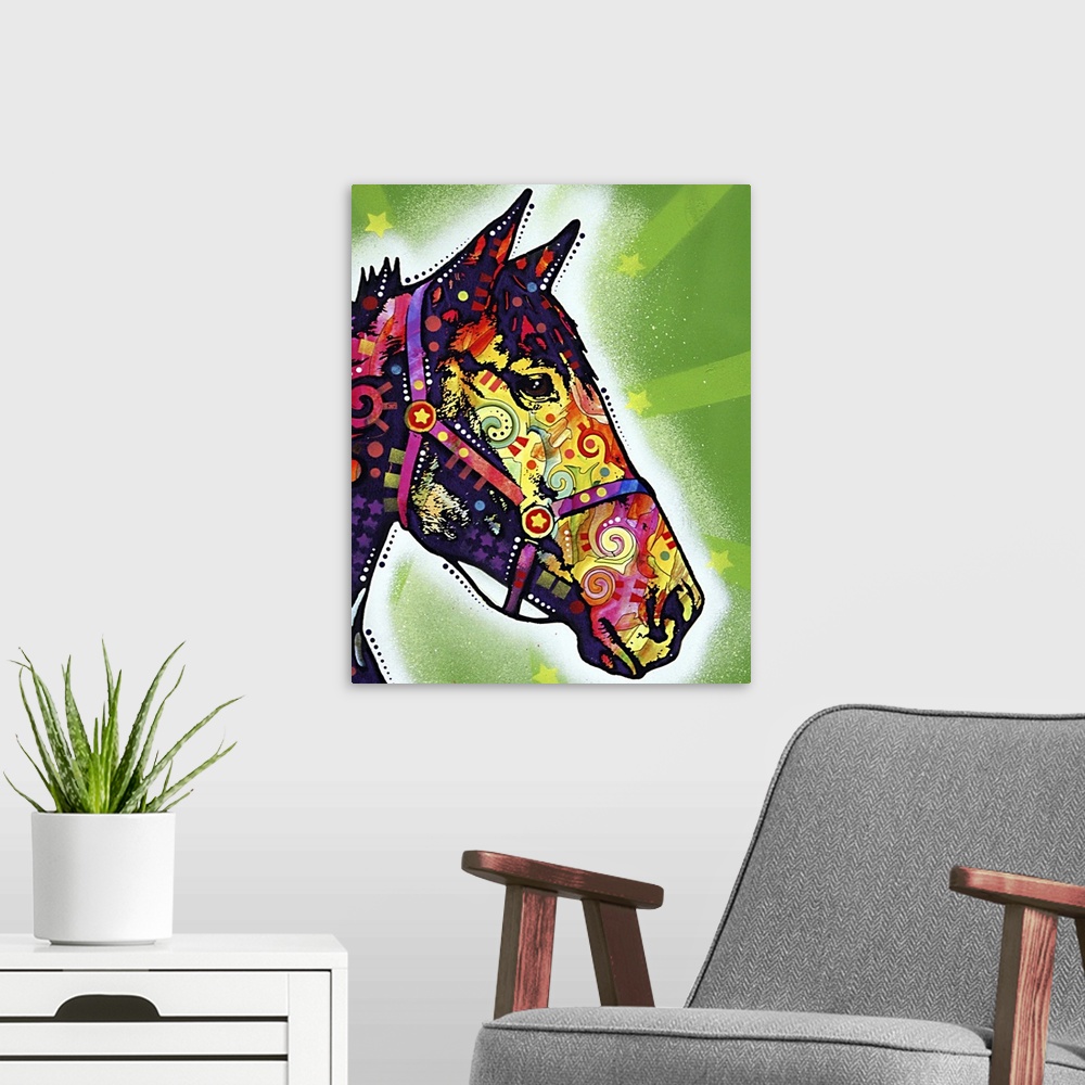 A modern room featuring Large vertical artwork of the profile of a horses head, filled in with multicolored graffiti art ...