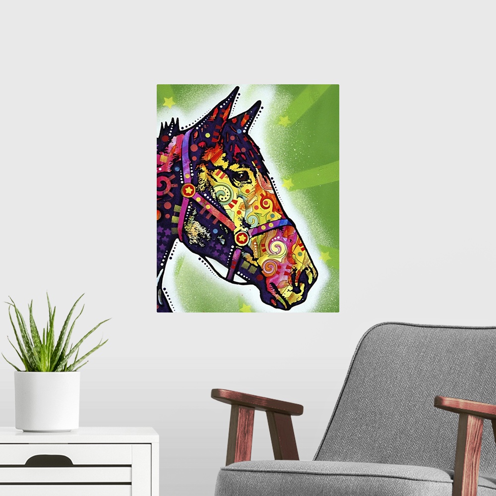 A modern room featuring Large vertical artwork of the profile of a horses head, filled in with multicolored graffiti art ...