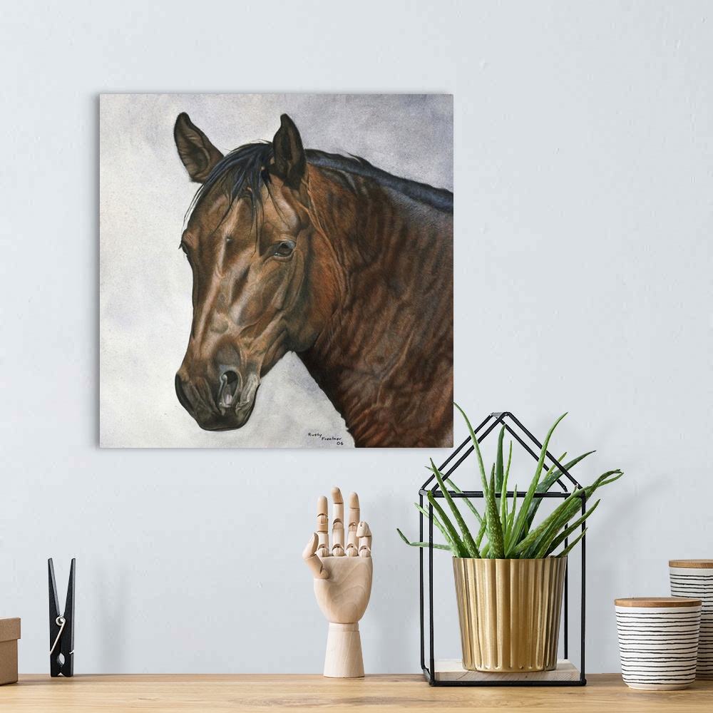 A bohemian room featuring Portrait of a dark brown horse.