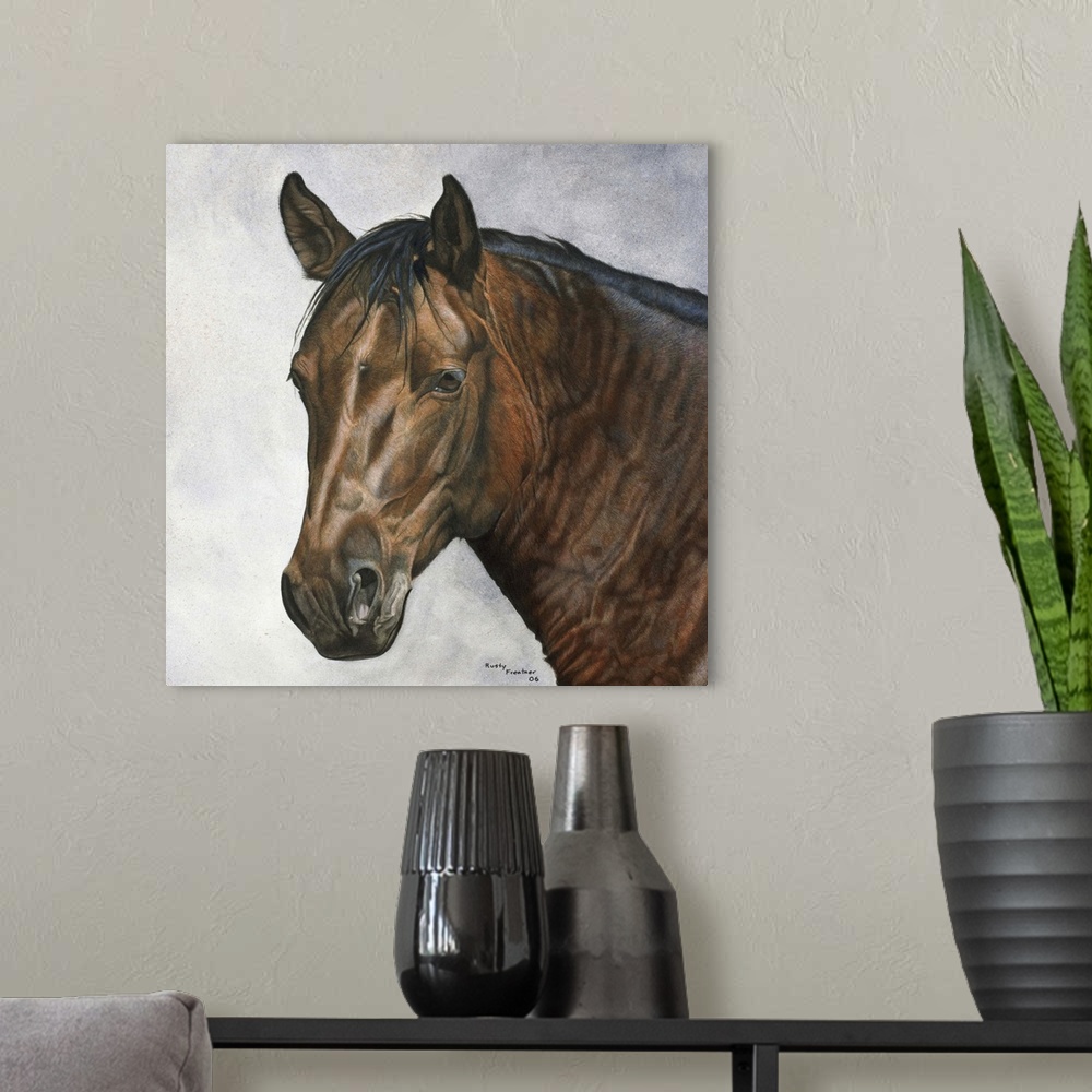 A modern room featuring Portrait of a dark brown horse.