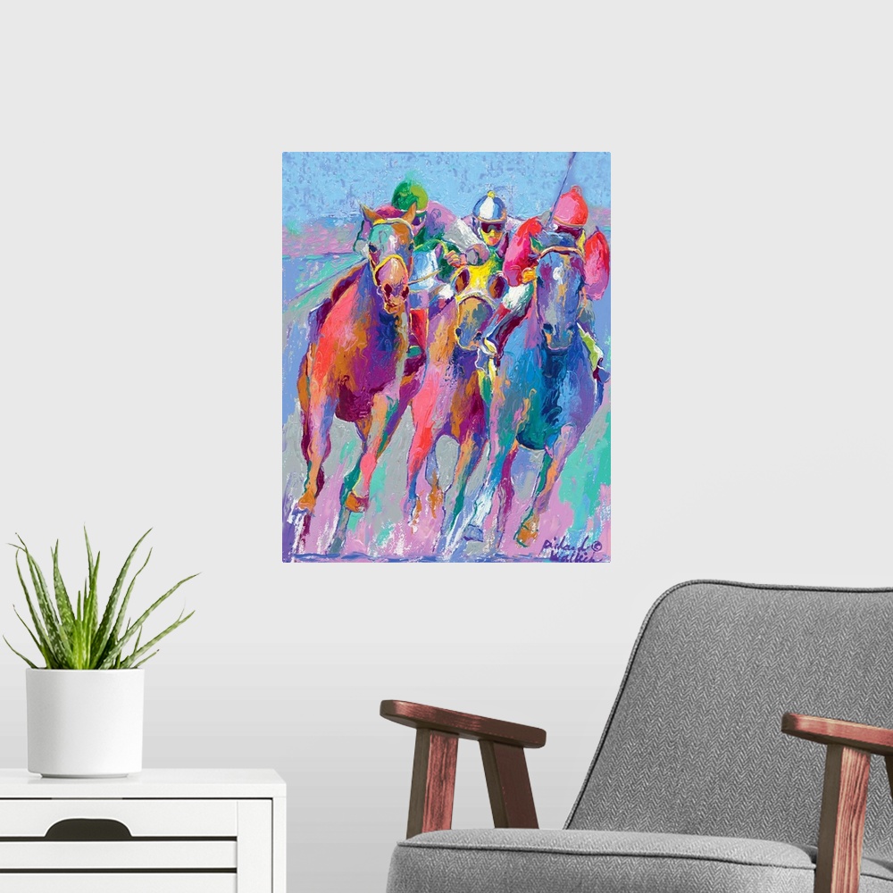 A modern room featuring Colorful painting of jockeys racing horses.