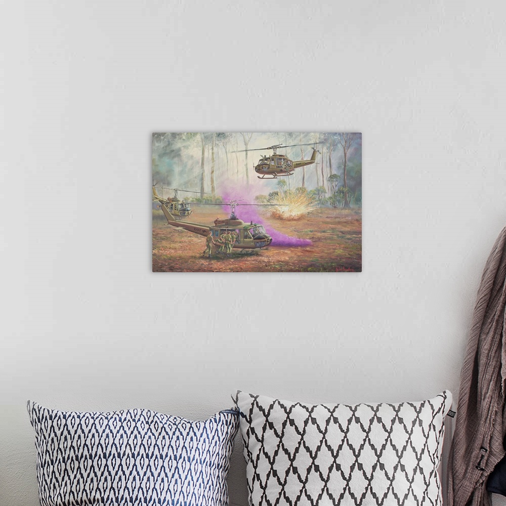A bohemian room featuring Contemporary painting of military helicopters in the heat of battle.