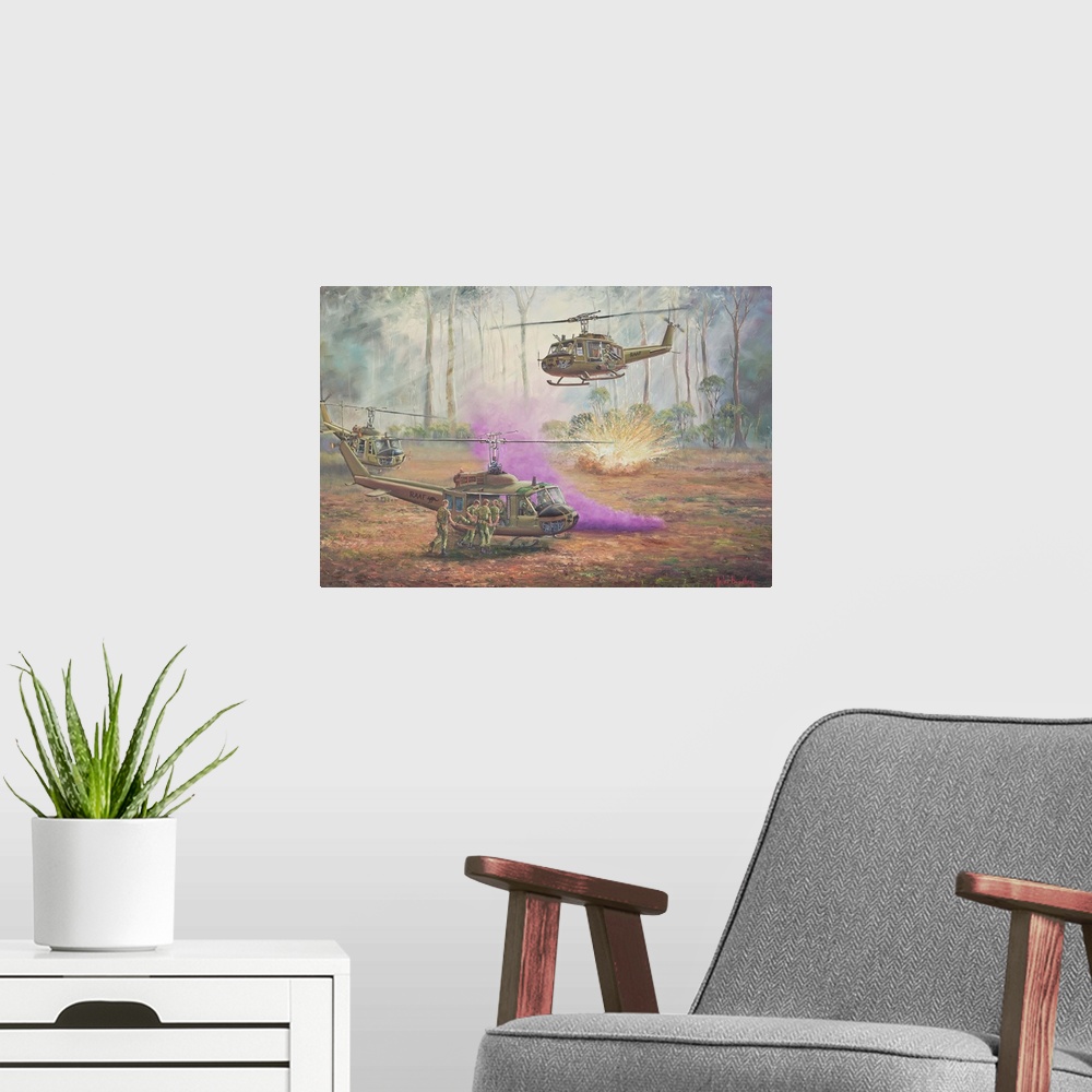A modern room featuring Contemporary painting of military helicopters in the heat of battle.