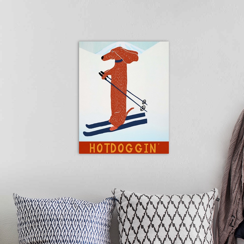 A bohemian room featuring Illustration of a dachshund skiing down the slopes with the phrase "Hotdoggin'" written at the bo...