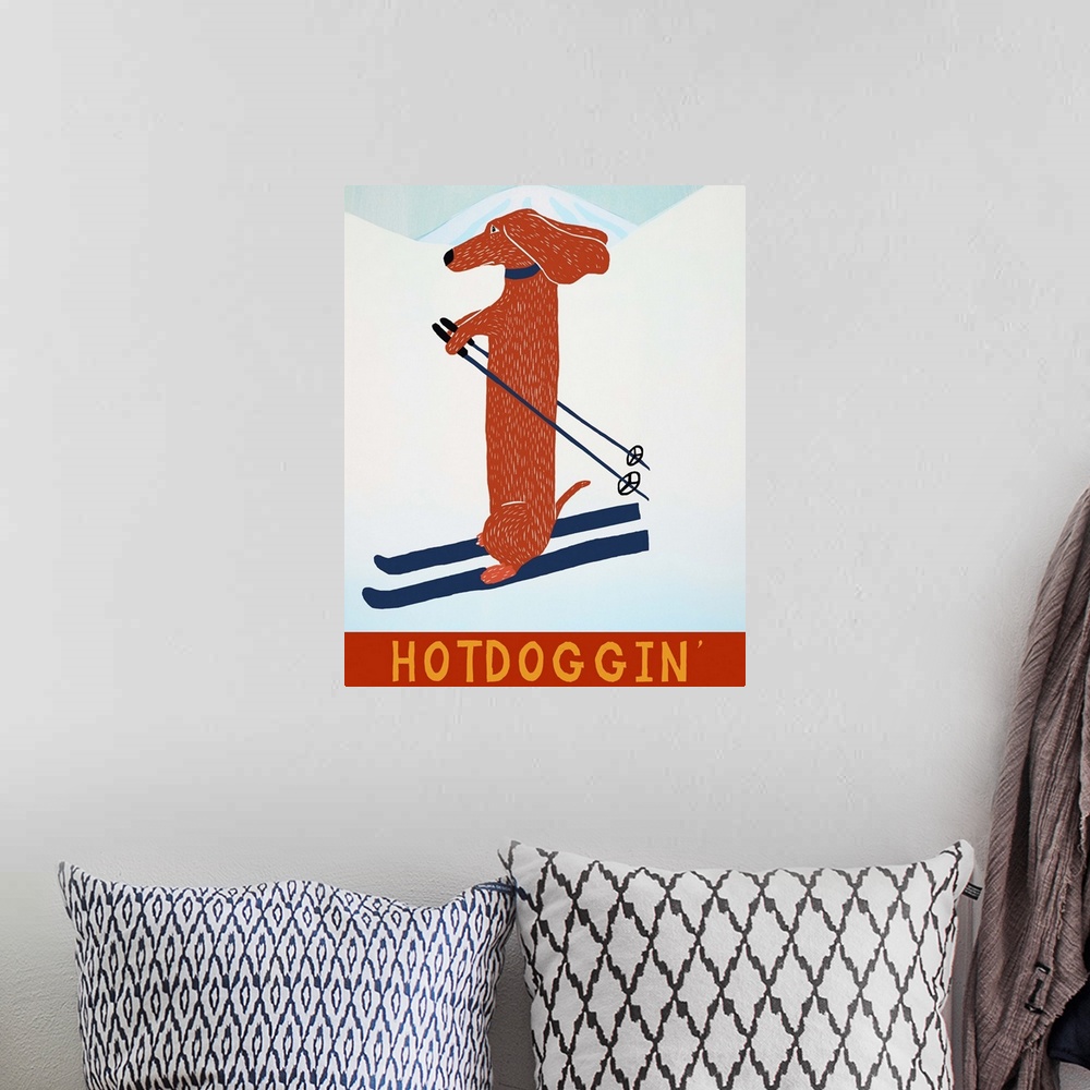 A bohemian room featuring Illustration of a dachshund skiing down the slopes with the phrase "Hotdoggin'" written at the bo...