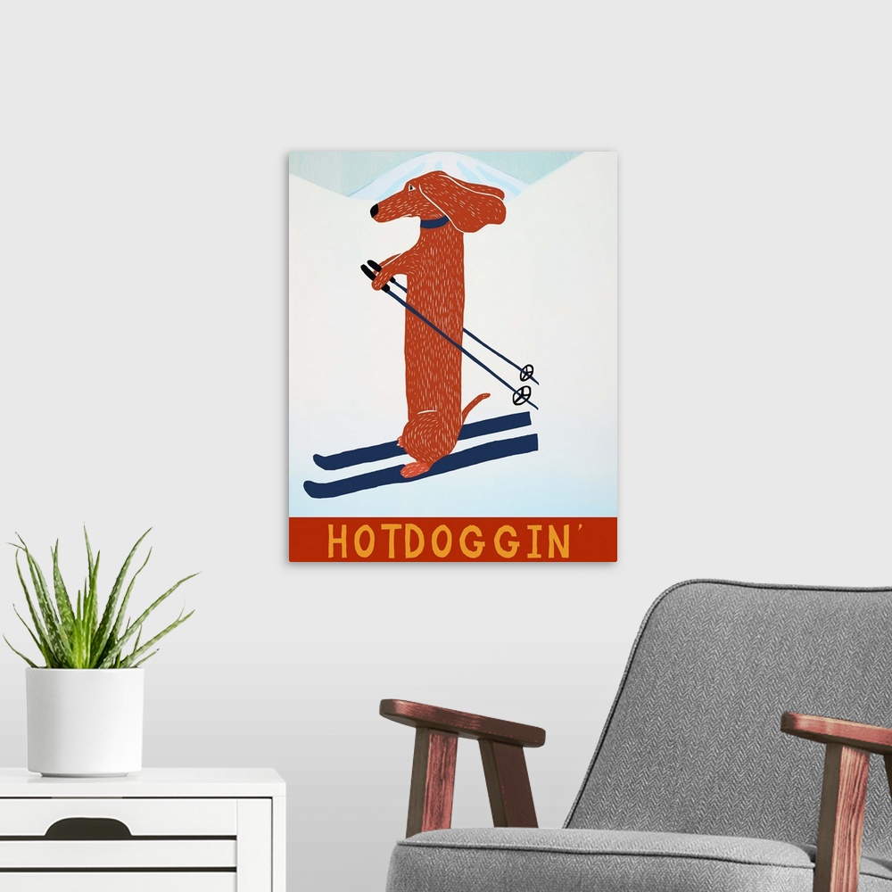 A modern room featuring Illustration of a dachshund skiing down the slopes with the phrase "Hotdoggin'" written at the bo...