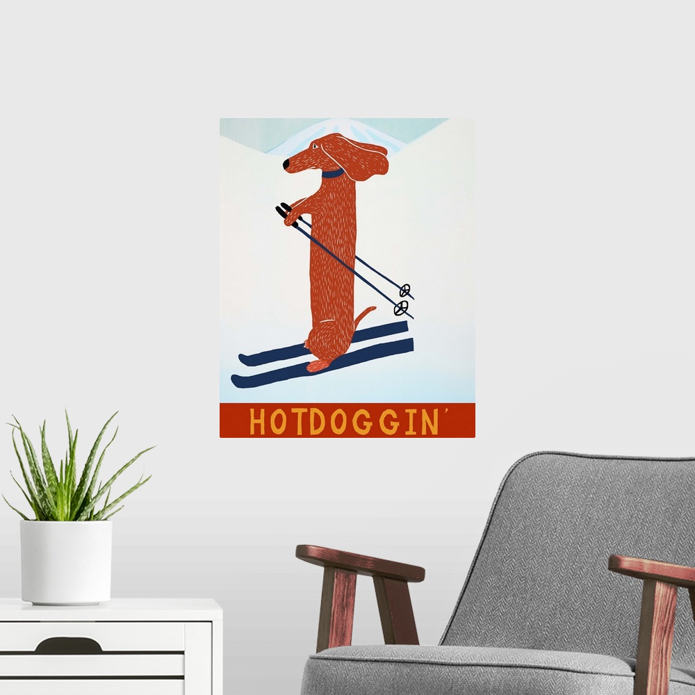 A modern room featuring Illustration of a dachshund skiing down the slopes with the phrase "Hotdoggin'" written at the bo...