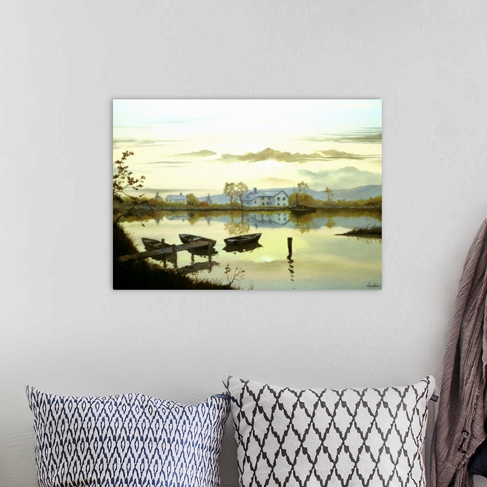 A bohemian room featuring Contemporary painting of a still lake with three boats by the pier.