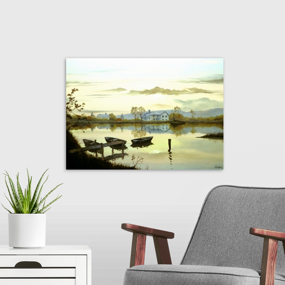 A modern room featuring Contemporary painting of a still lake with three boats by the pier.