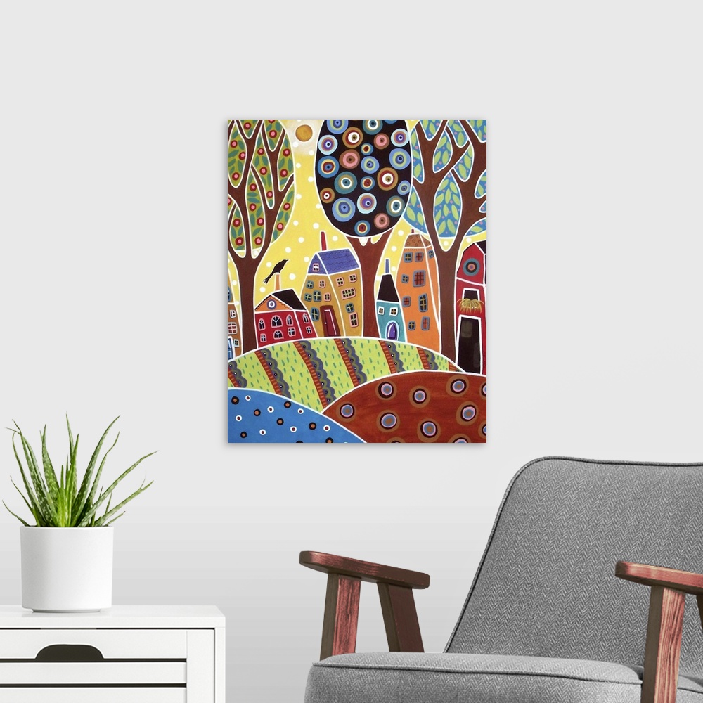 A modern room featuring Contemporary painting of a village full of colorful houses.
