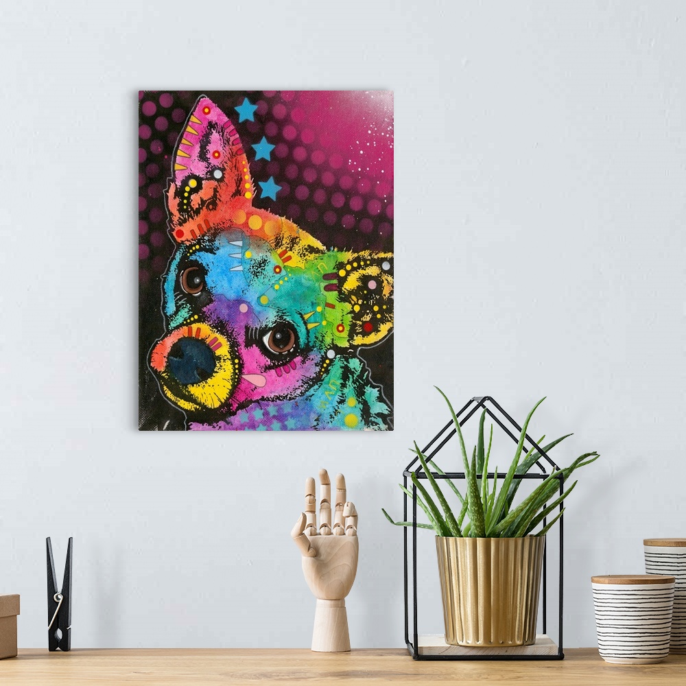 A bohemian room featuring Colorful painting of a small dog with abstract designs all over.