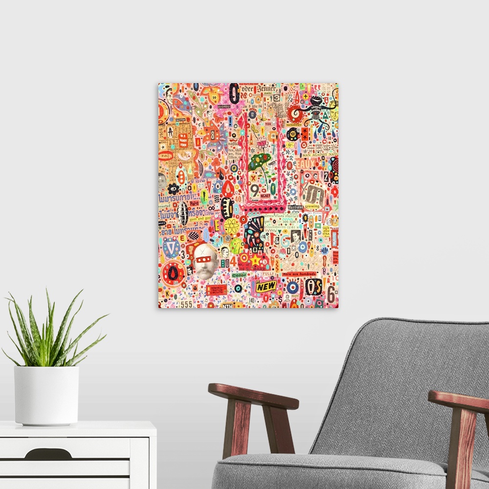 A modern room featuring Mixed media abstract art with hundreds of found elements, including text, illustrations, and symb...