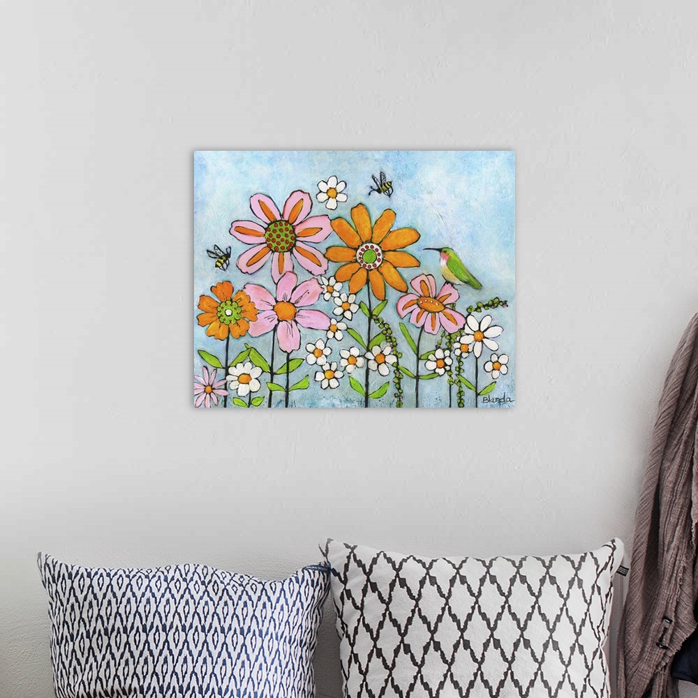 A bohemian room featuring Lighthearted contemporary painting of garden flowers with a hummingbird and bees around.