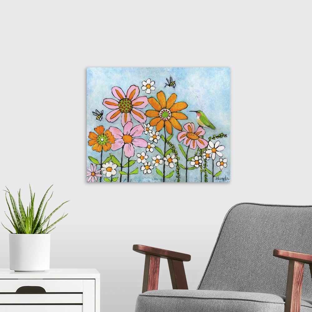 A modern room featuring Lighthearted contemporary painting of garden flowers with a hummingbird and bees around.