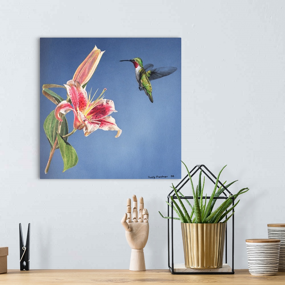 A bohemian room featuring A hummingbird hovering over a lily