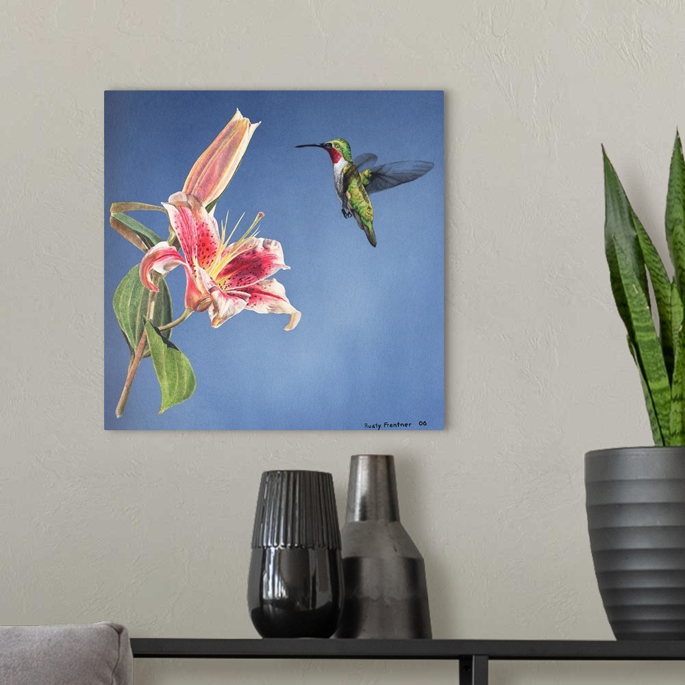 A modern room featuring A hummingbird hovering over a lily