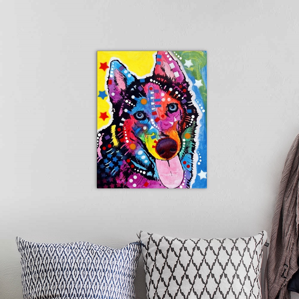A bohemian room featuring Contemporary stencil painting of a husky filled with various colors and patterns.