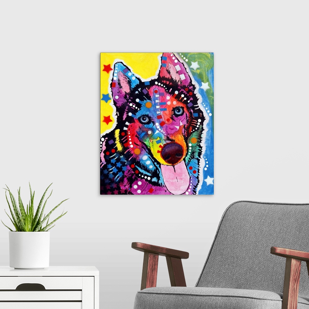 A modern room featuring Contemporary stencil painting of a husky filled with various colors and patterns.