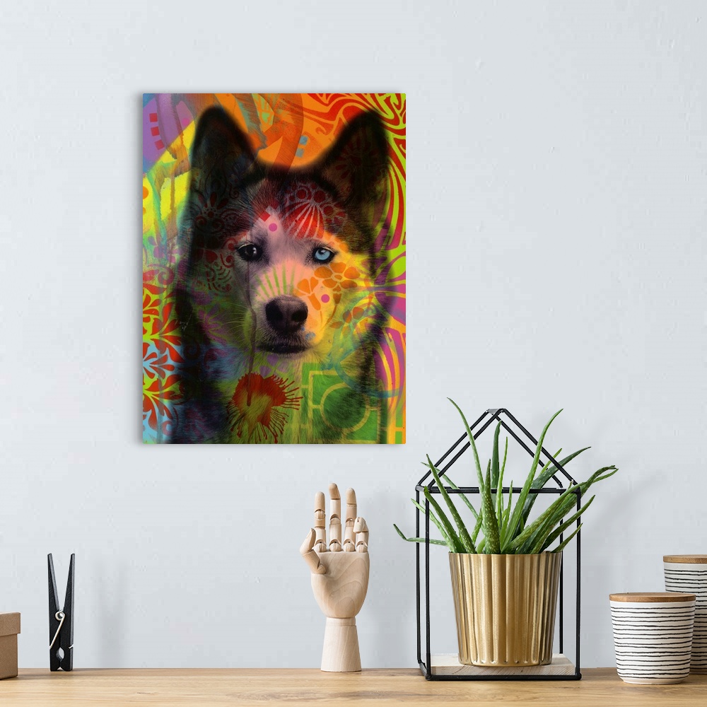 A bohemian room featuring Portrait of a husky with two different colored eyes on a colorful graffiti style background.