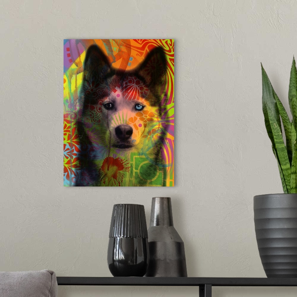 A modern room featuring Portrait of a husky with two different colored eyes on a colorful graffiti style background.