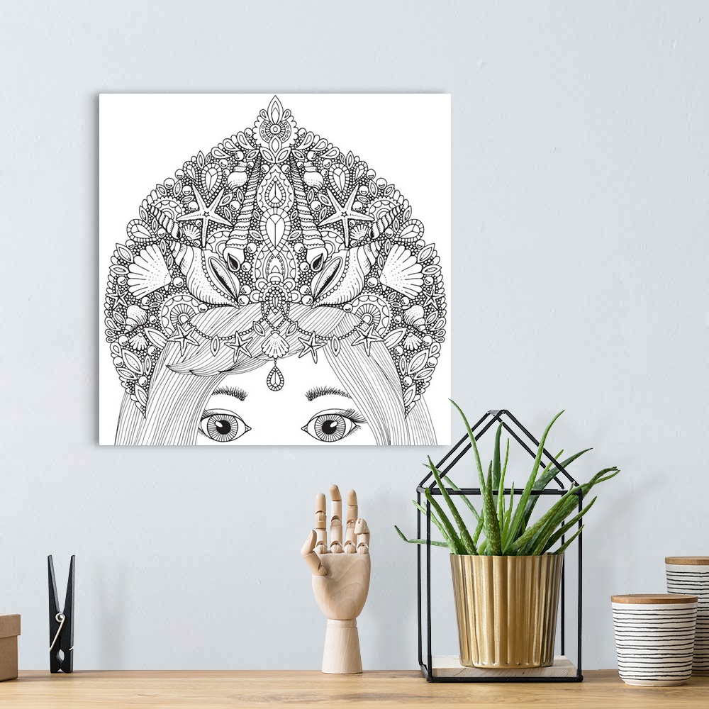 A bohemian room featuring Contemporary line art of a mermaid from the eyes up wearing a crown made of seashells.