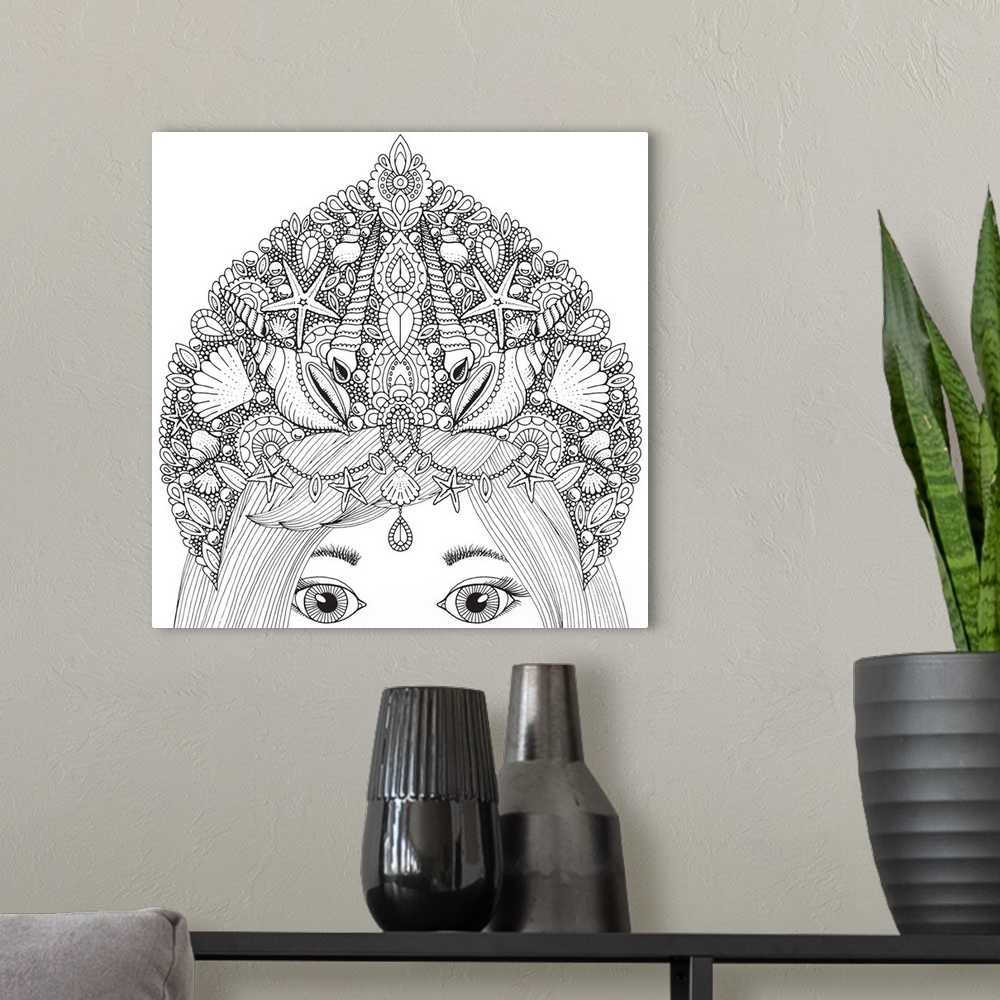 A modern room featuring Contemporary line art of a mermaid from the eyes up wearing a crown made of seashells.