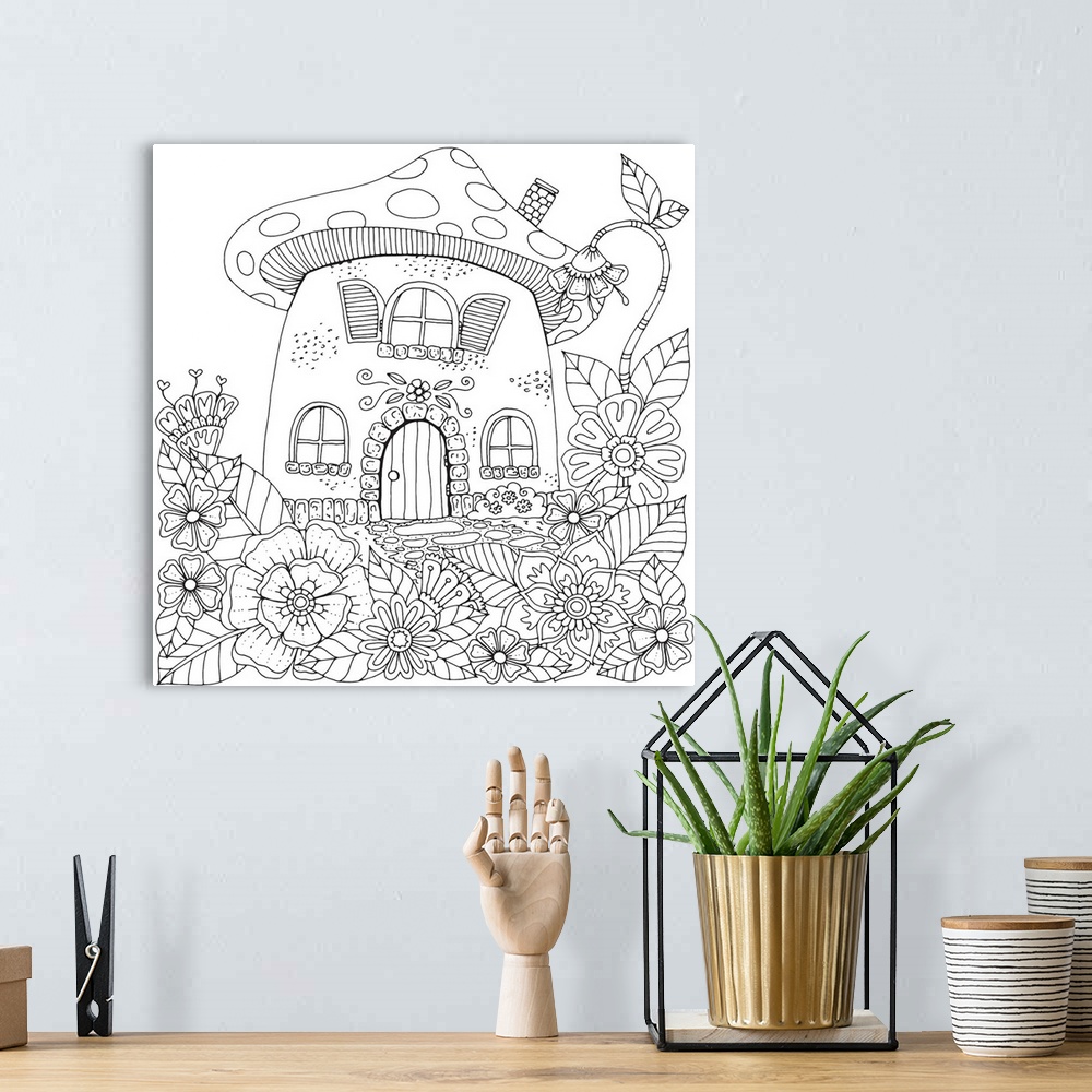 A bohemian room featuring Contemporary line art of a cute mushroom house surrounded by wildflowers.