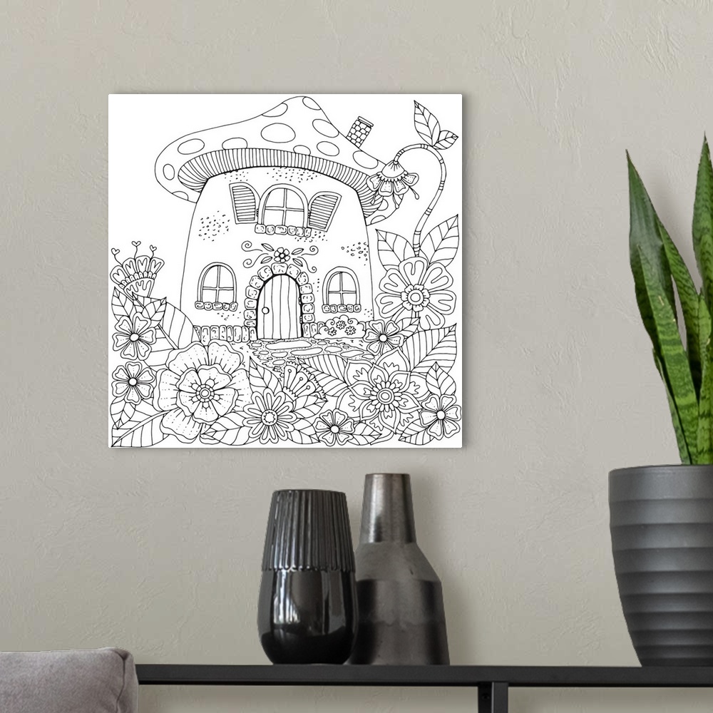 A modern room featuring Contemporary line art of a cute mushroom house surrounded by wildflowers.