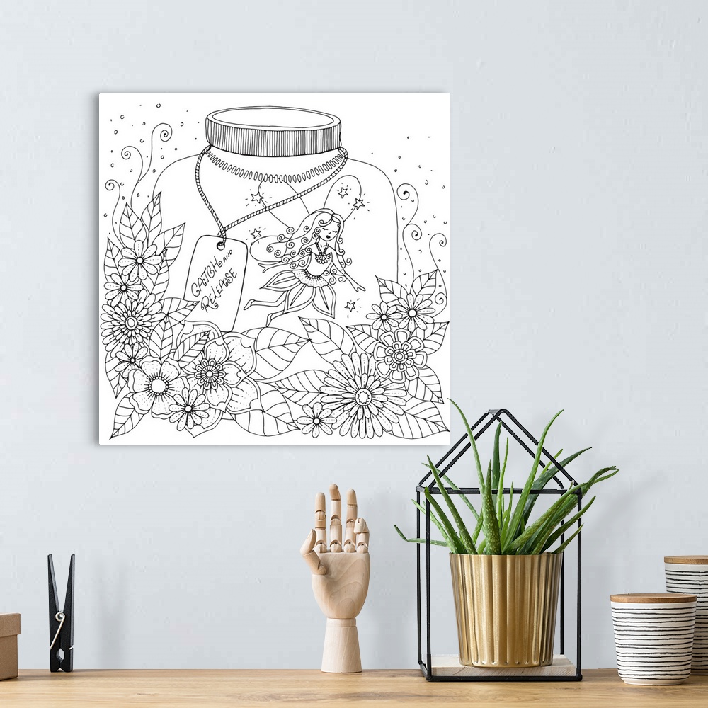 A bohemian room featuring Contemporary line art of a fairy inside a glass jar surrounded by flowers with a note that reads ...