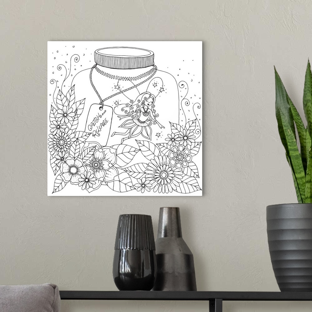 A modern room featuring Contemporary line art of a fairy inside a glass jar surrounded by flowers with a note that reads ...