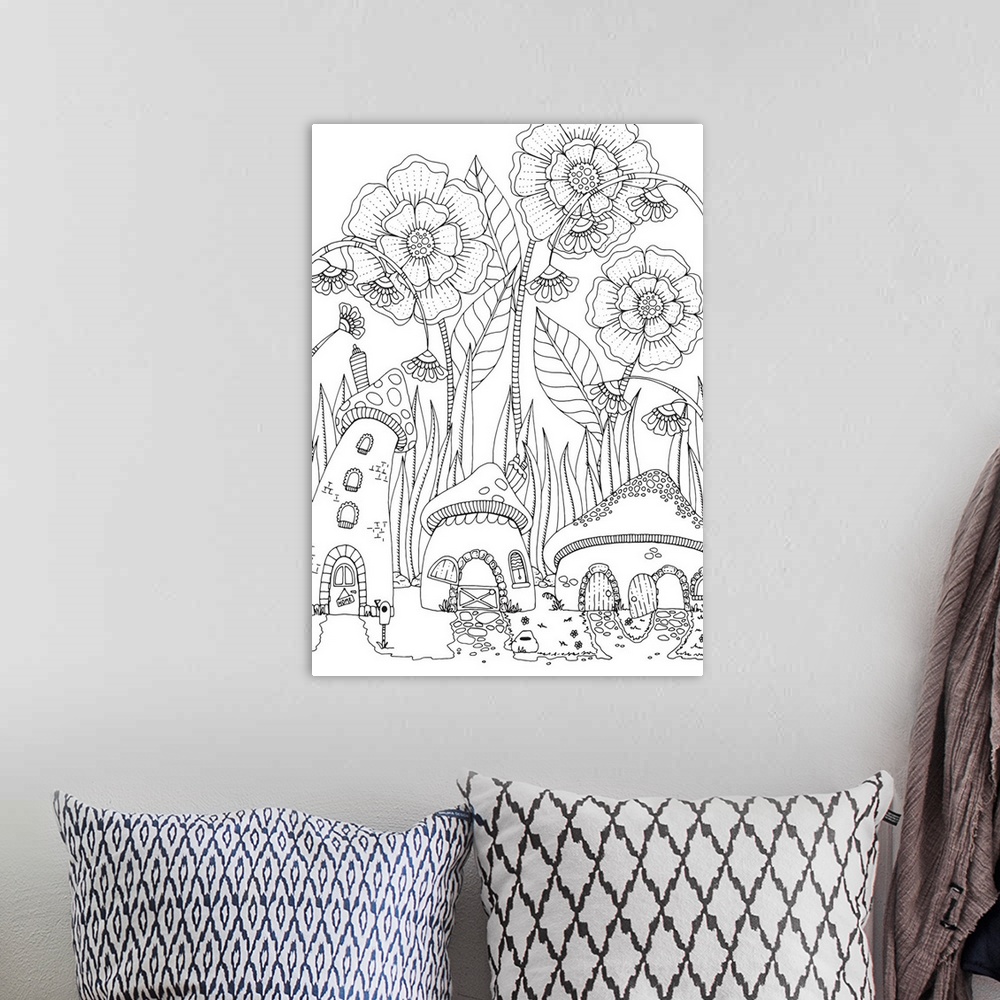 A bohemian room featuring Contemporary line art of a small village with mushroom houses with tall flowers and blades of gra...