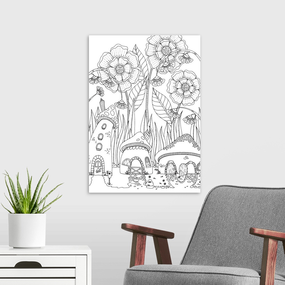 A modern room featuring Contemporary line art of a small village with mushroom houses with tall flowers and blades of gra...