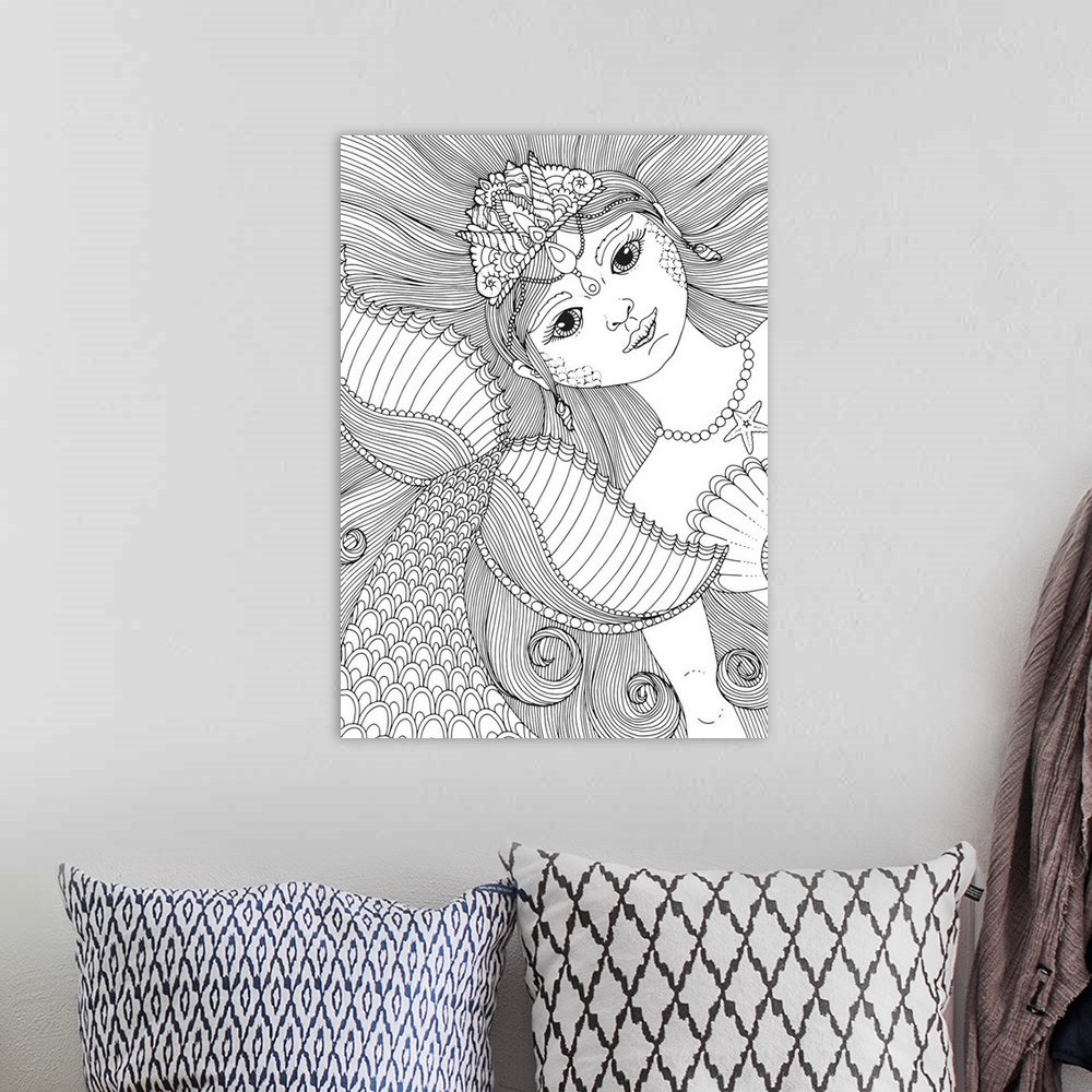 A bohemian room featuring Contemporary line art of an intricately designed mermaid.