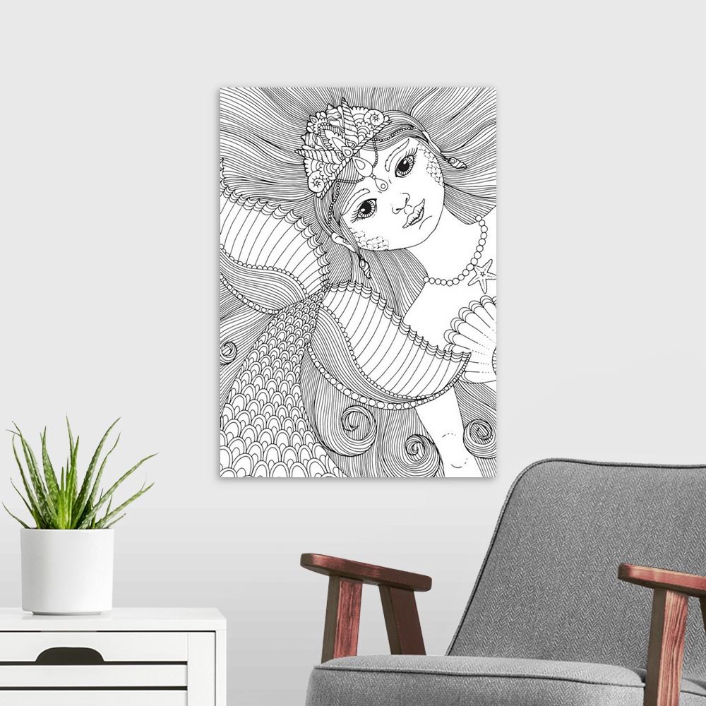 A modern room featuring Contemporary line art of an intricately designed mermaid.