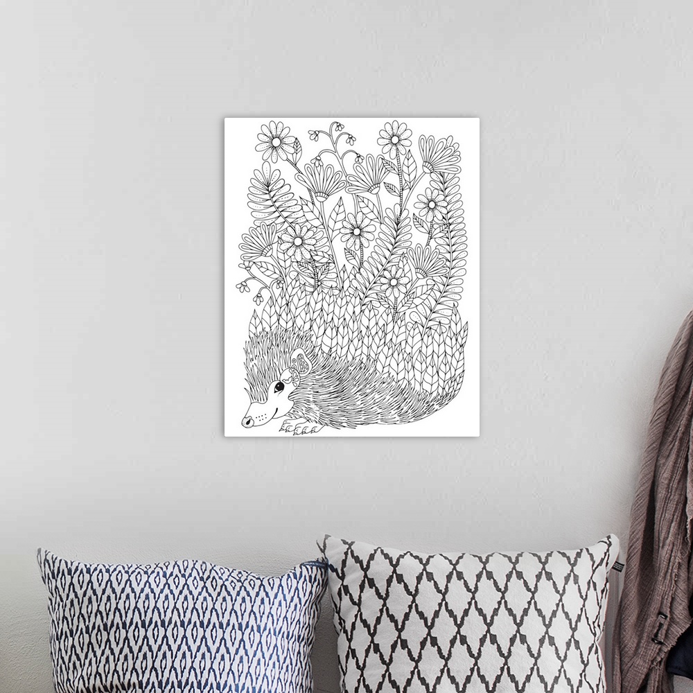 A bohemian room featuring Black and white line art of a cute hedgehog with leaves and flowers growing out of it's quills.