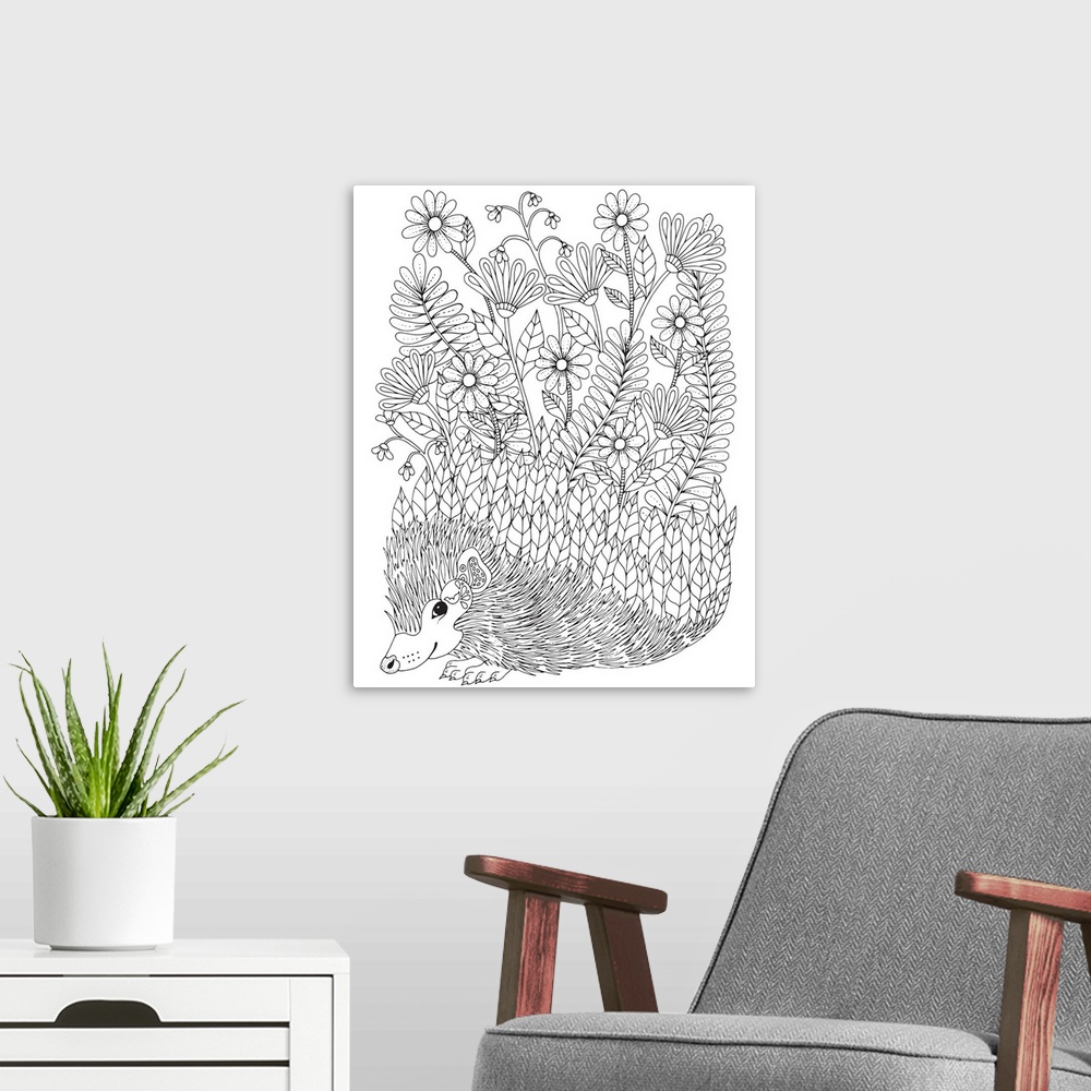 A modern room featuring Black and white line art of a cute hedgehog with leaves and flowers growing out of it's quills.
