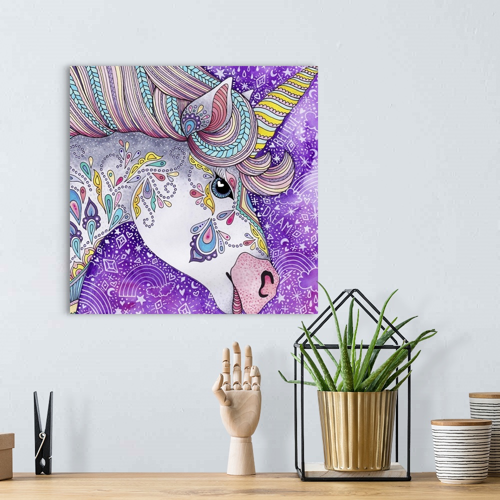 A bohemian room featuring Square fantasy illustration of a uniquely designed unicorn on a purple background with white draw...