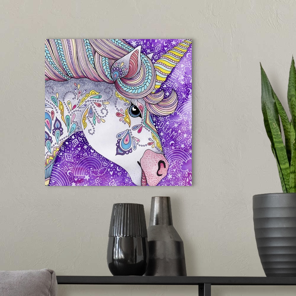 A modern room featuring Square fantasy illustration of a uniquely designed unicorn on a purple background with white draw...