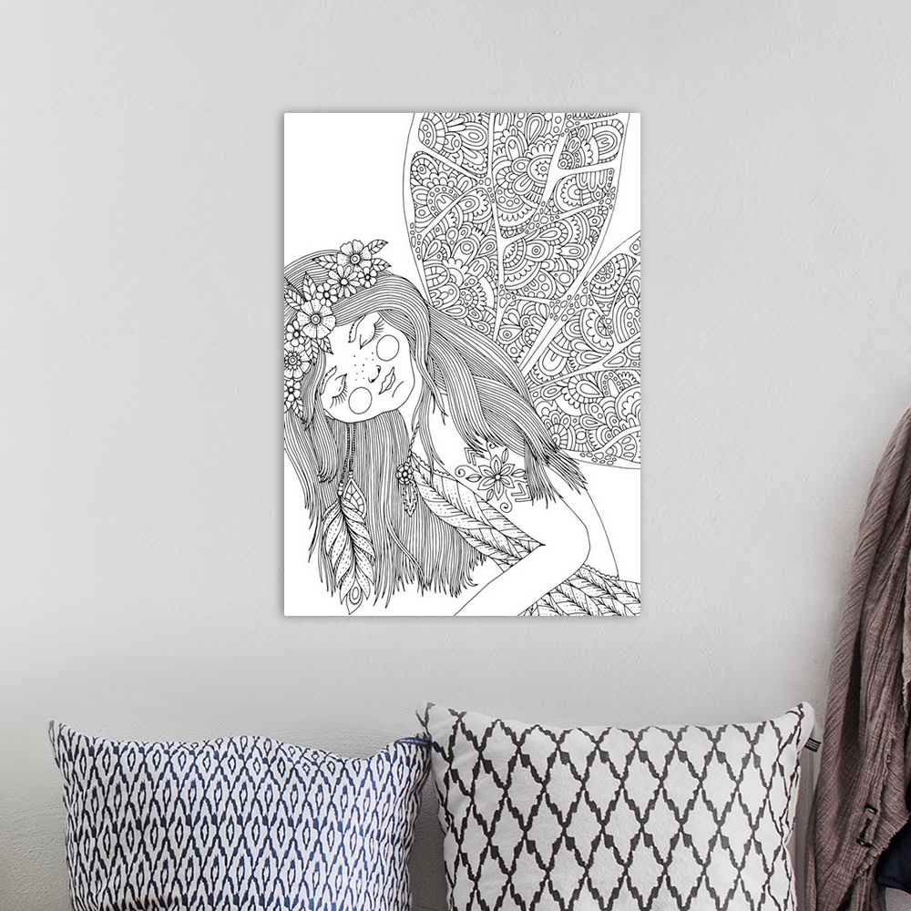 A bohemian room featuring Black and white line art of a fairy with intricately designed wings and a flower crown.