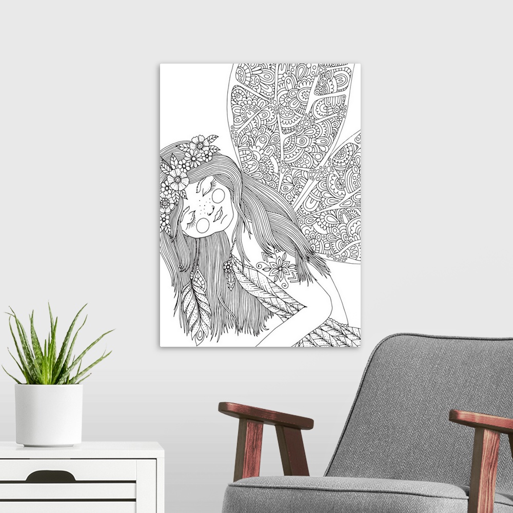 A modern room featuring Black and white line art of a fairy with intricately designed wings and a flower crown.
