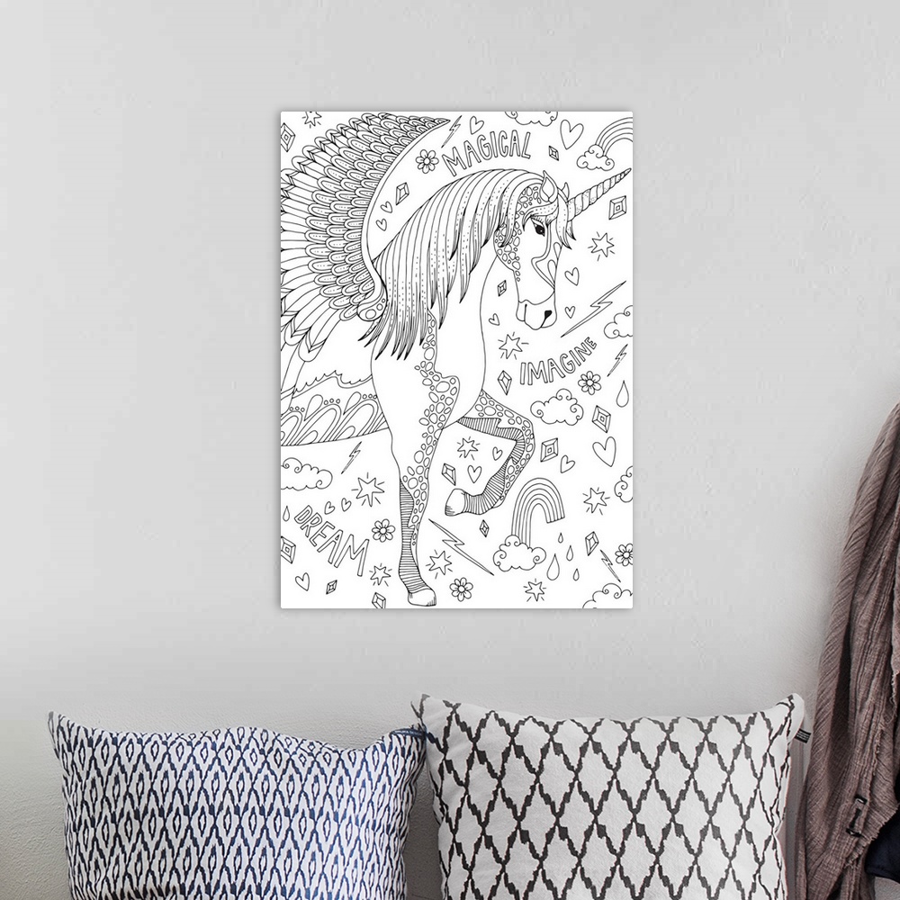 A bohemian room featuring Black and white line art of a uniquely designed unicorn with a collage of rainbows, words, hearts...