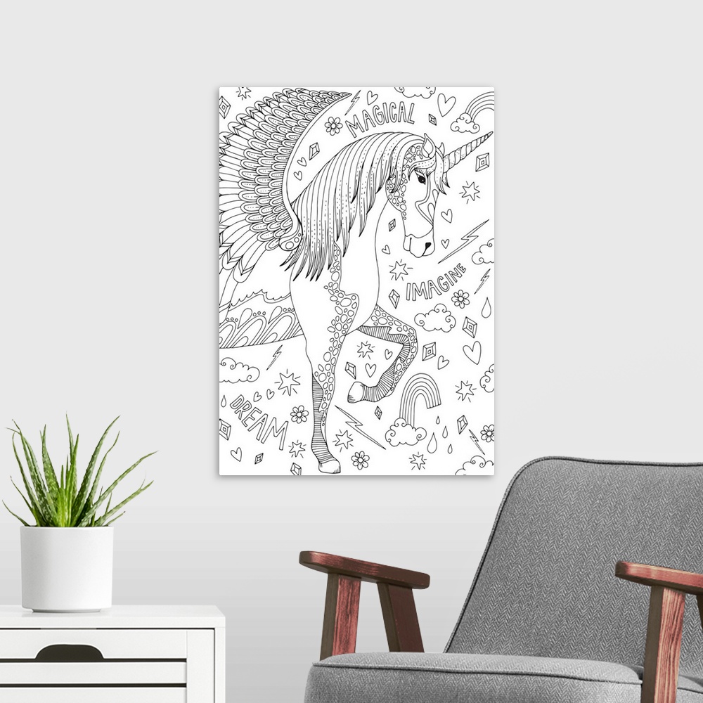 A modern room featuring Black and white line art of a uniquely designed unicorn with a collage of rainbows, words, hearts...