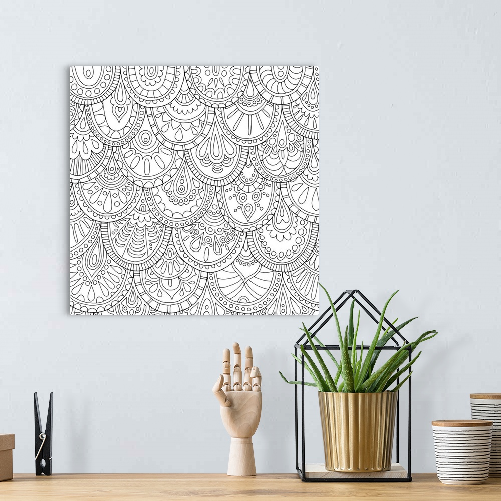 A bohemian room featuring Square black and white line art of mermaid scales made up of unique intricate designs.
