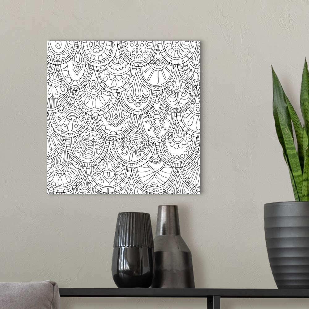 A modern room featuring Square black and white line art of mermaid scales made up of unique intricate designs.