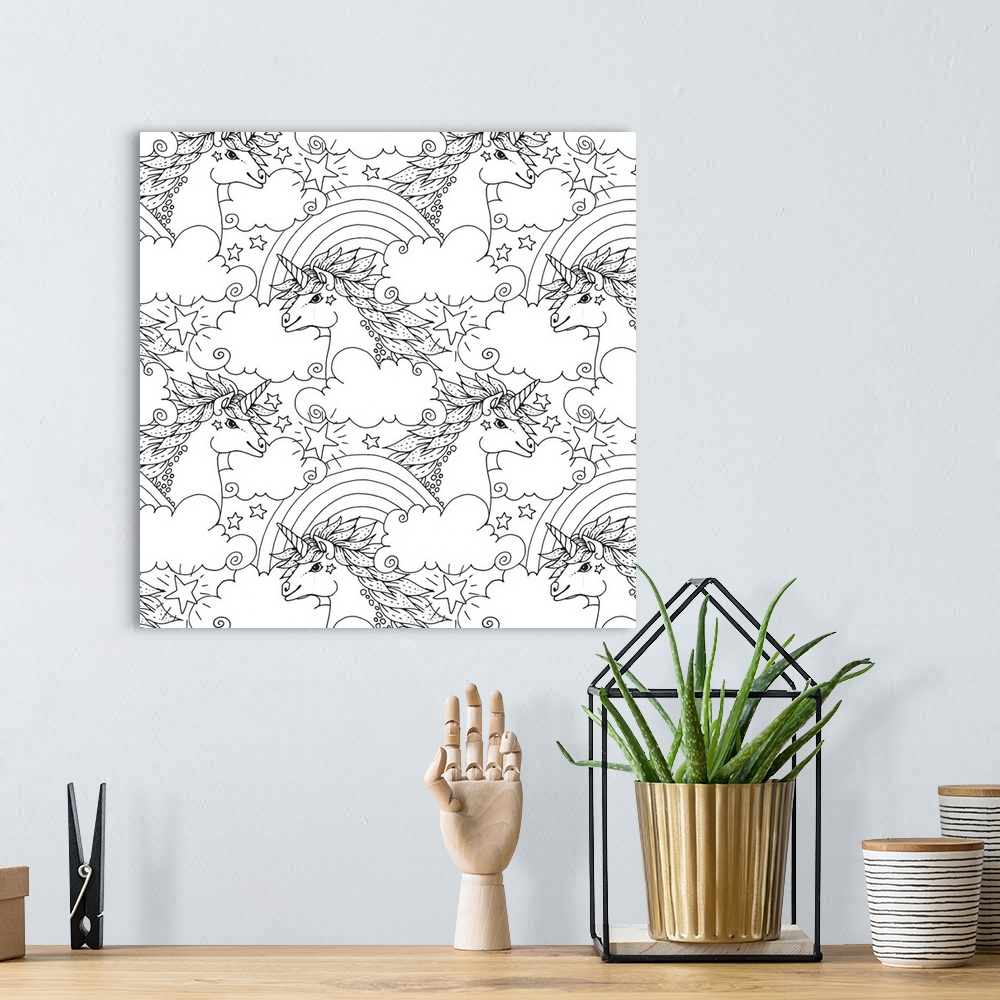 A bohemian room featuring Contemporary line art of a pattern made up of unicorns, rainbows, clouds, and stars.