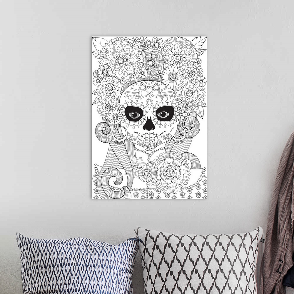 A bohemian room featuring Black and white line art of a woman with skull face paint and flowers all in her hair.