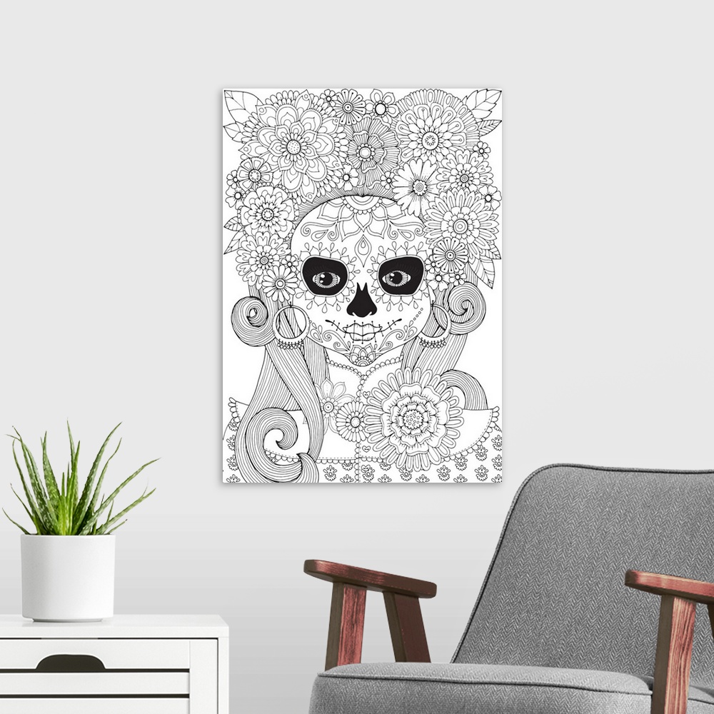 A modern room featuring Black and white line art of a woman with skull face paint and flowers all in her hair.