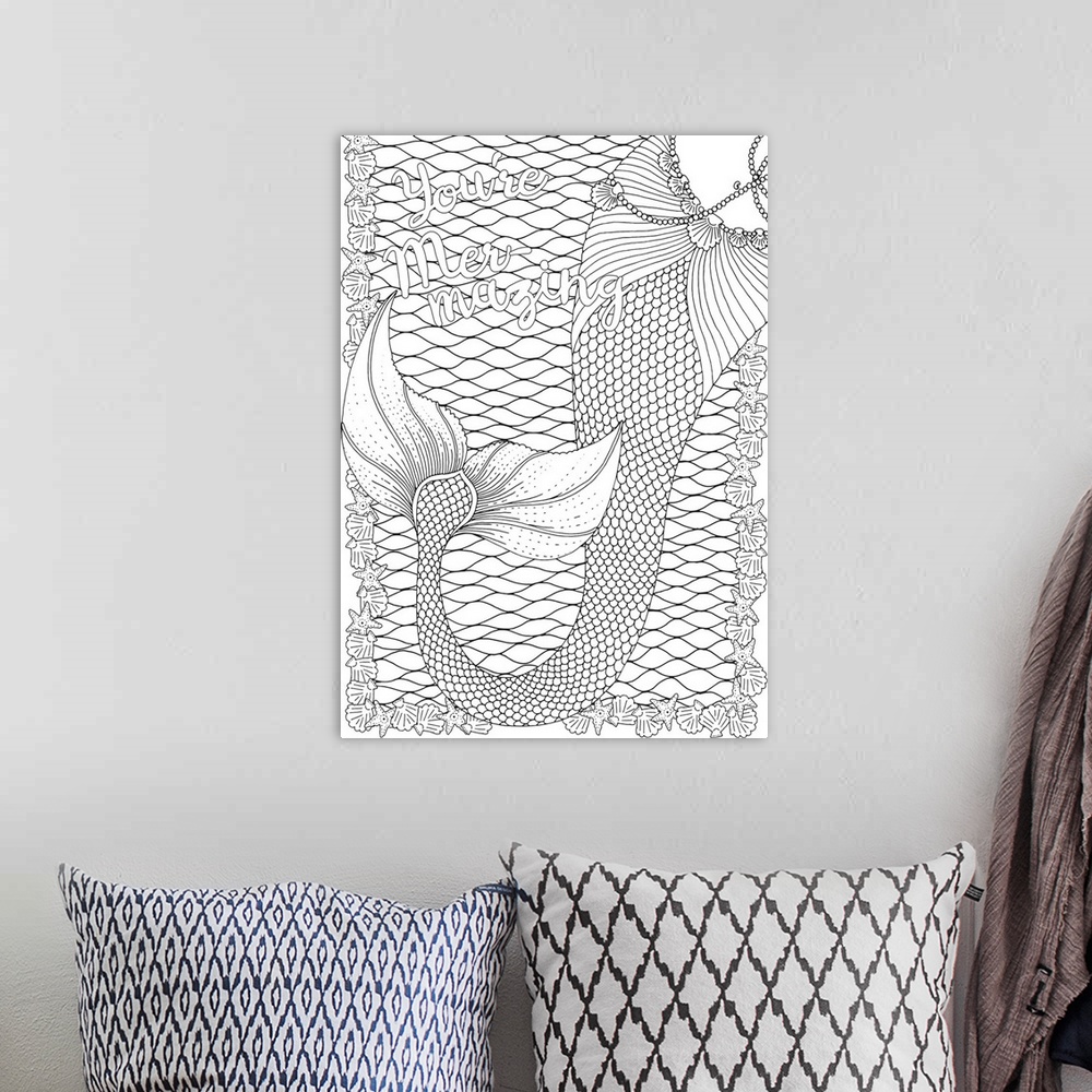 A bohemian room featuring Black and white line art of a mermaid fin and seashells with the phrase "You're Mer-mazing" writt...