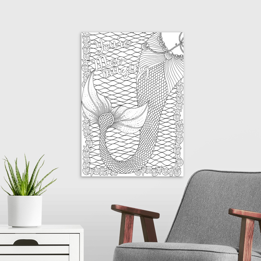 A modern room featuring Black and white line art of a mermaid fin and seashells with the phrase "You're Mer-mazing" writt...