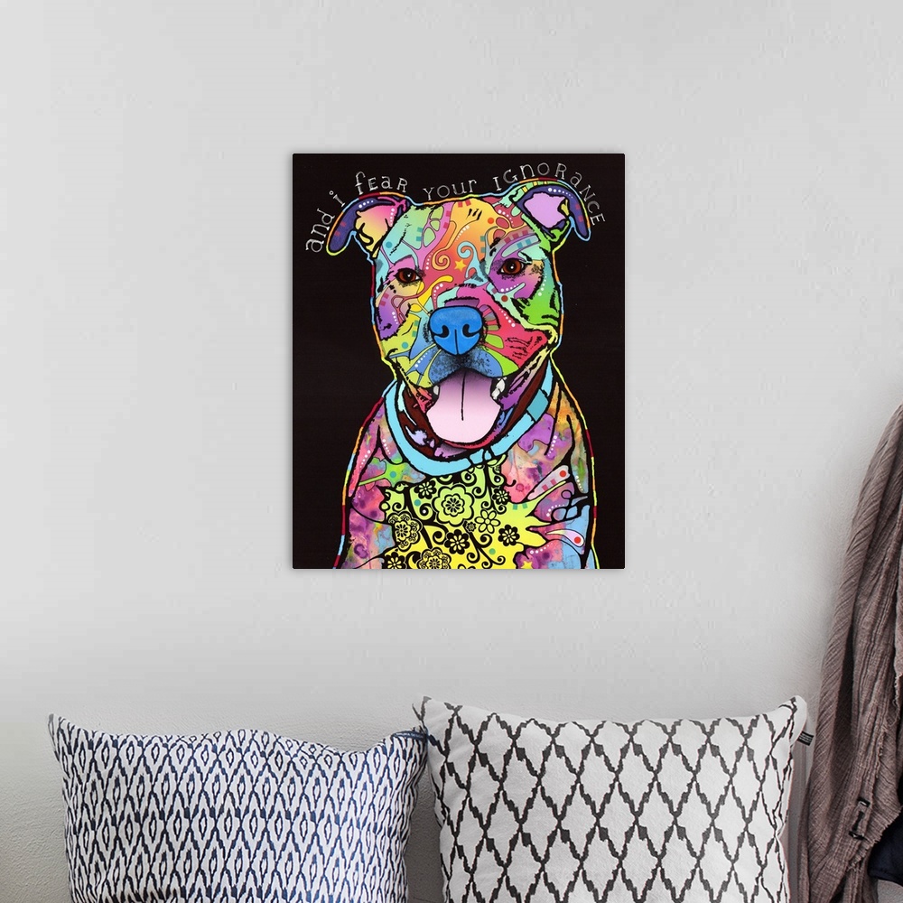 A bohemian room featuring Painting of a colorful dog with abstract markings with "and i fear your IGNORANCE" handwritten ac...